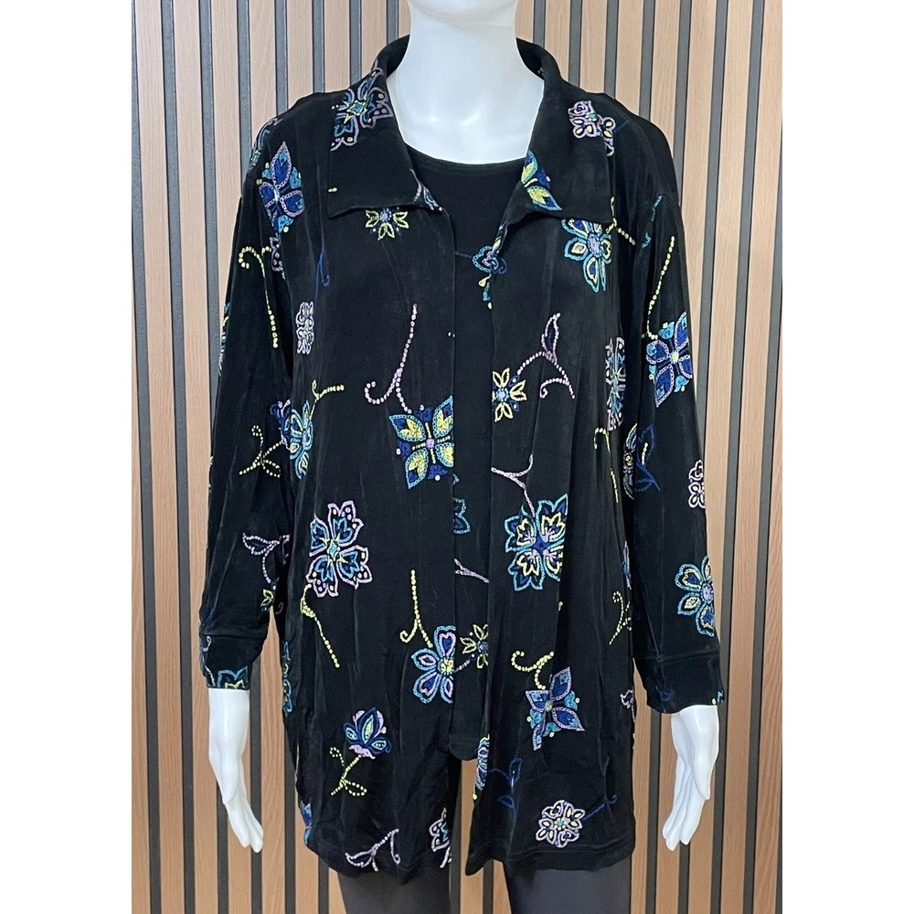 The Travel Collection Women's 2X Black 2pc Knit Tank‎ Cardigan Set Floral Boho